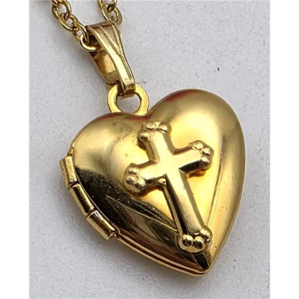 Premier Designs Cross Heart Locket Necklace + 2 Estate Religious Lot Vintage